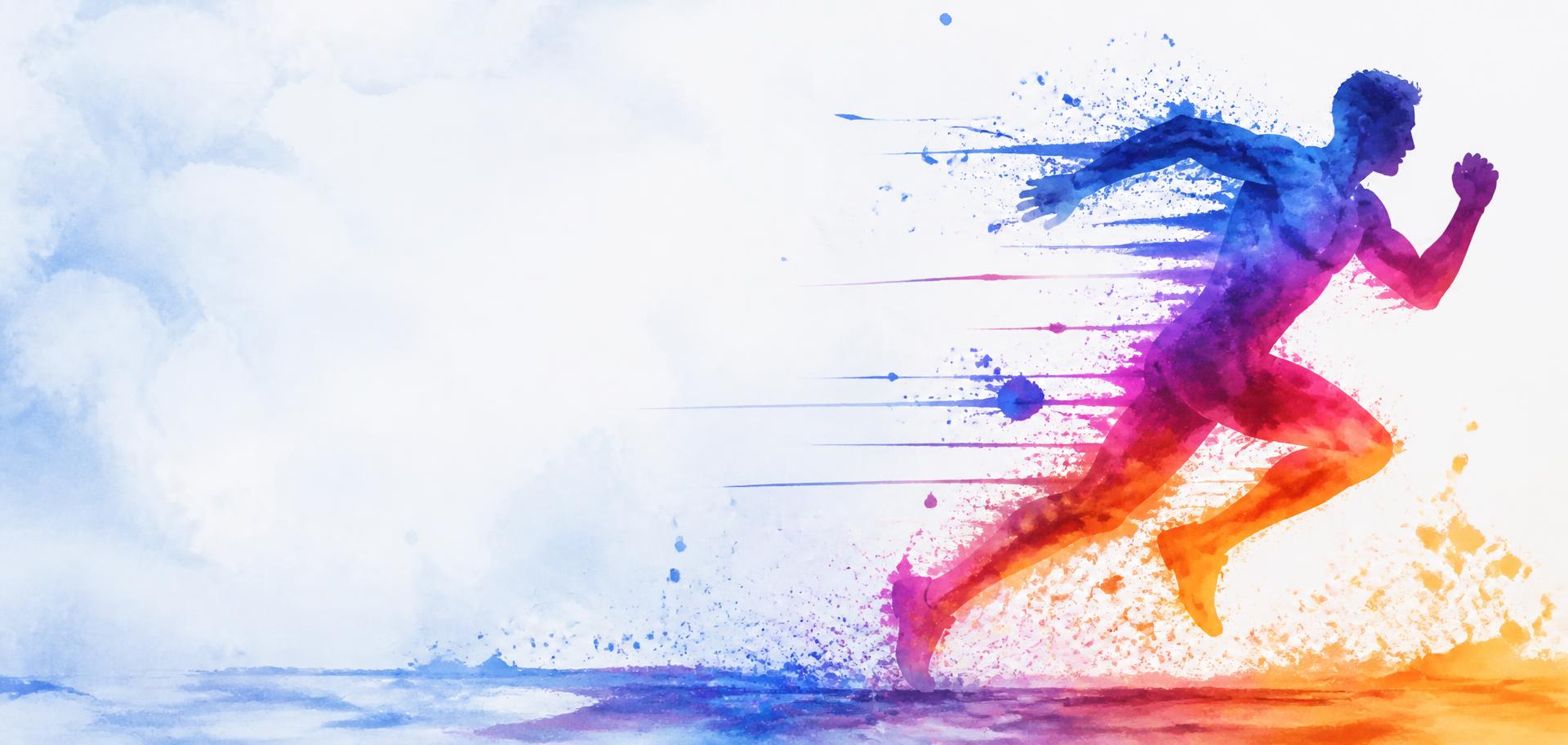 Ilustração em aquarela de um corredor em movimento com respingos de tinta azul, magenta e laranja