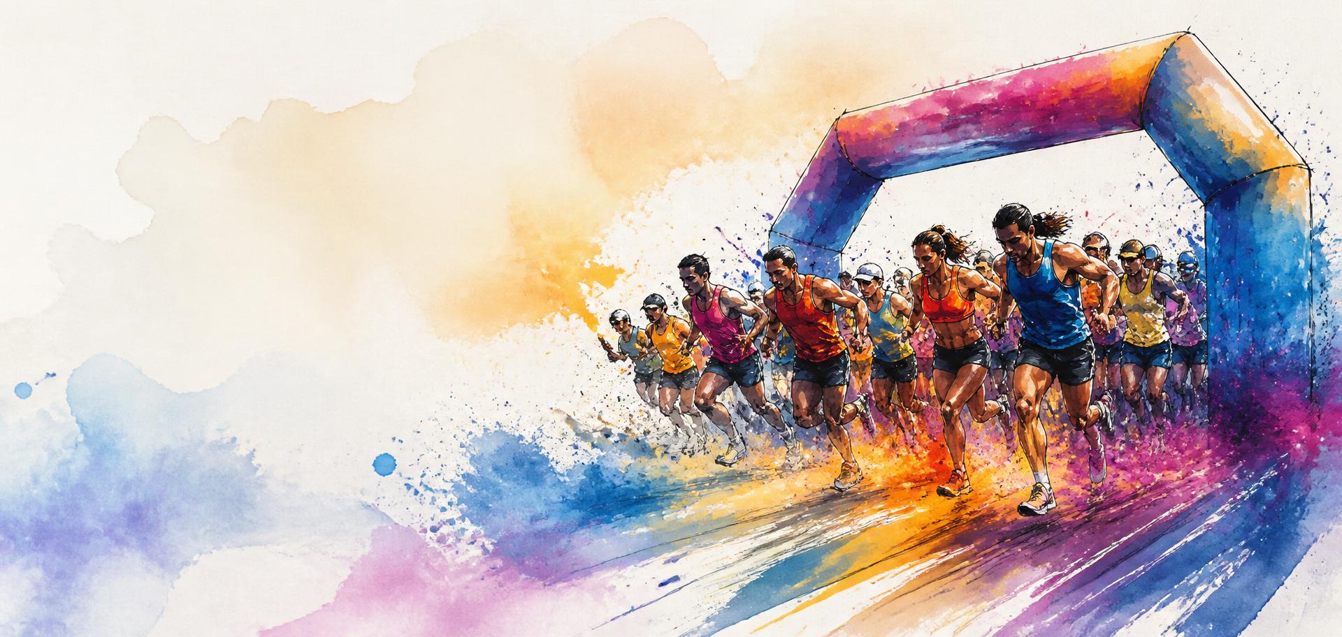 Ilustração em aquarela do pelotão de corredores cruzando o arco de largada